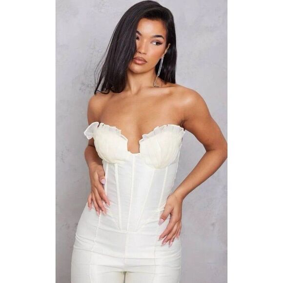 NEW PLT Women Glam Organza Cup Detail Corset Satin Bandeau Jumpsuit Yellow Chic - Picture 3 of 12